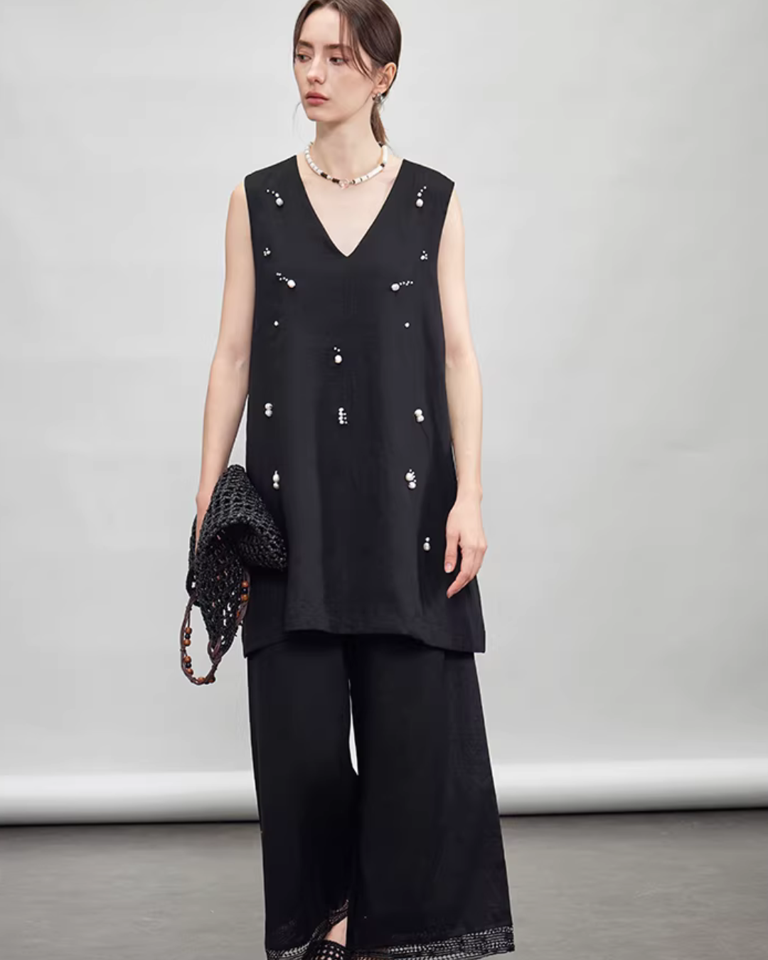 V-Neck Linen Sleeveless / Straight Linen Wide Pants TEO0012