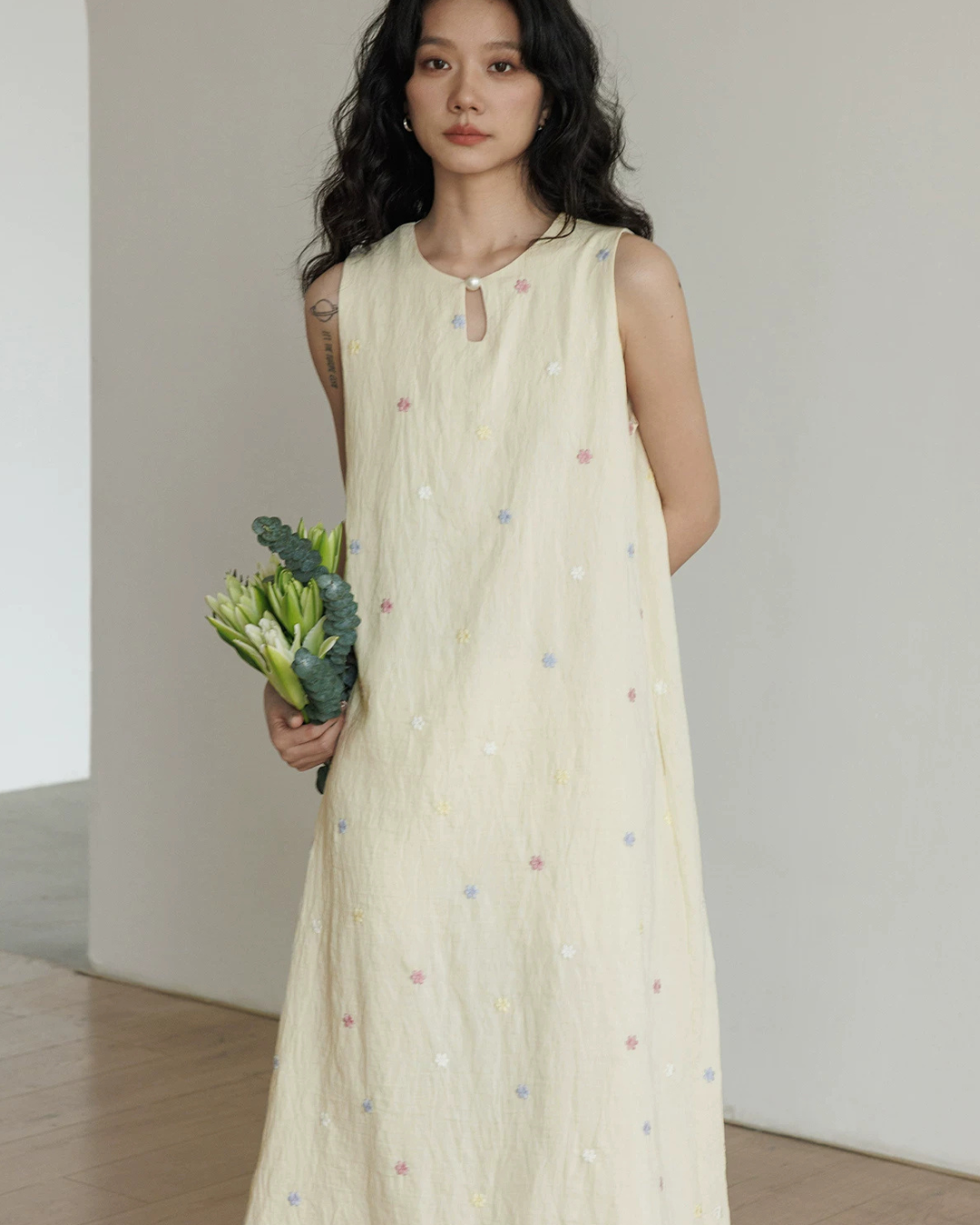 Flower Embroidery Pearl Button Long Dress VAS0203
