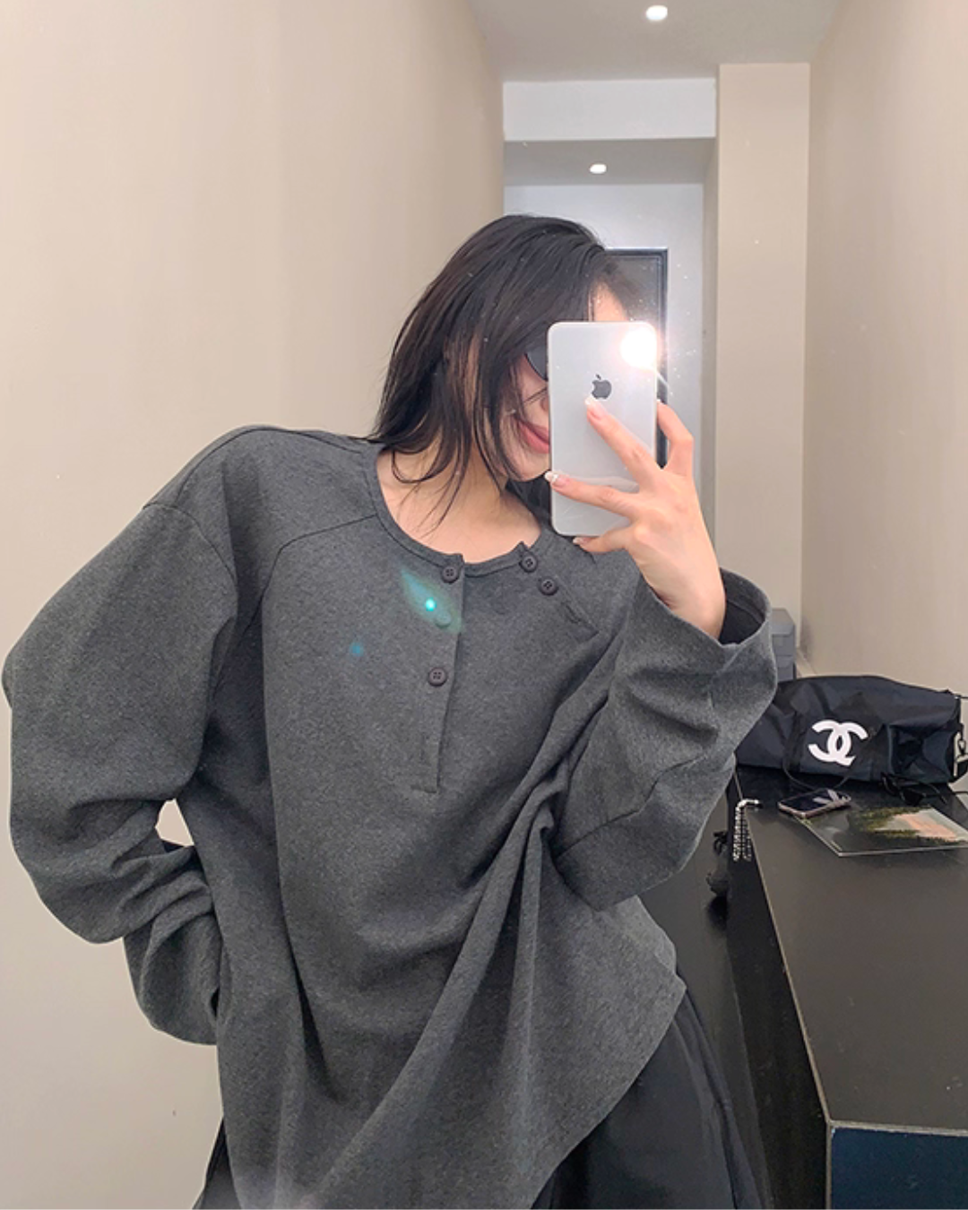 Half Button Loose Top YLS0985