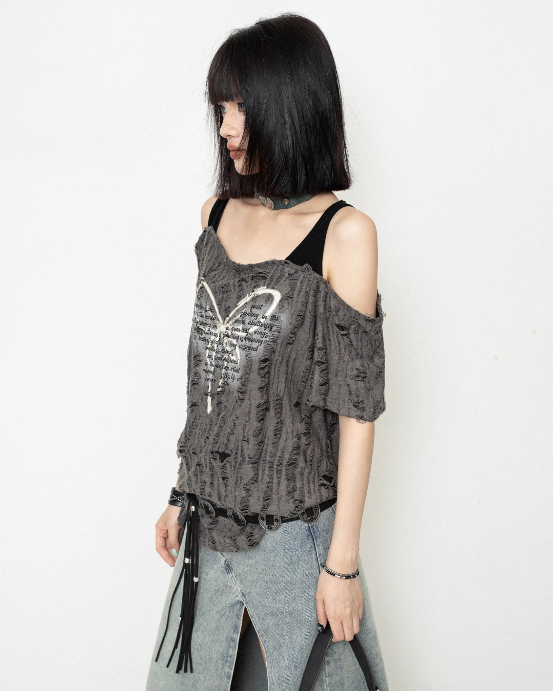 Layered Off Shoulder Damage Tops ZRS0068