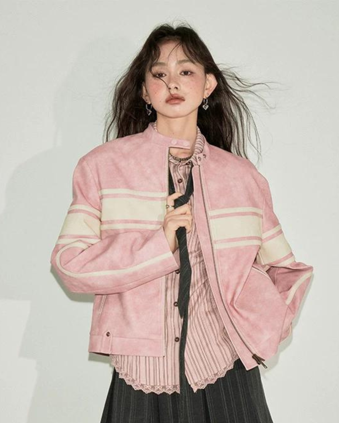 Stand Collar Pink Leather Jacket DDM0018