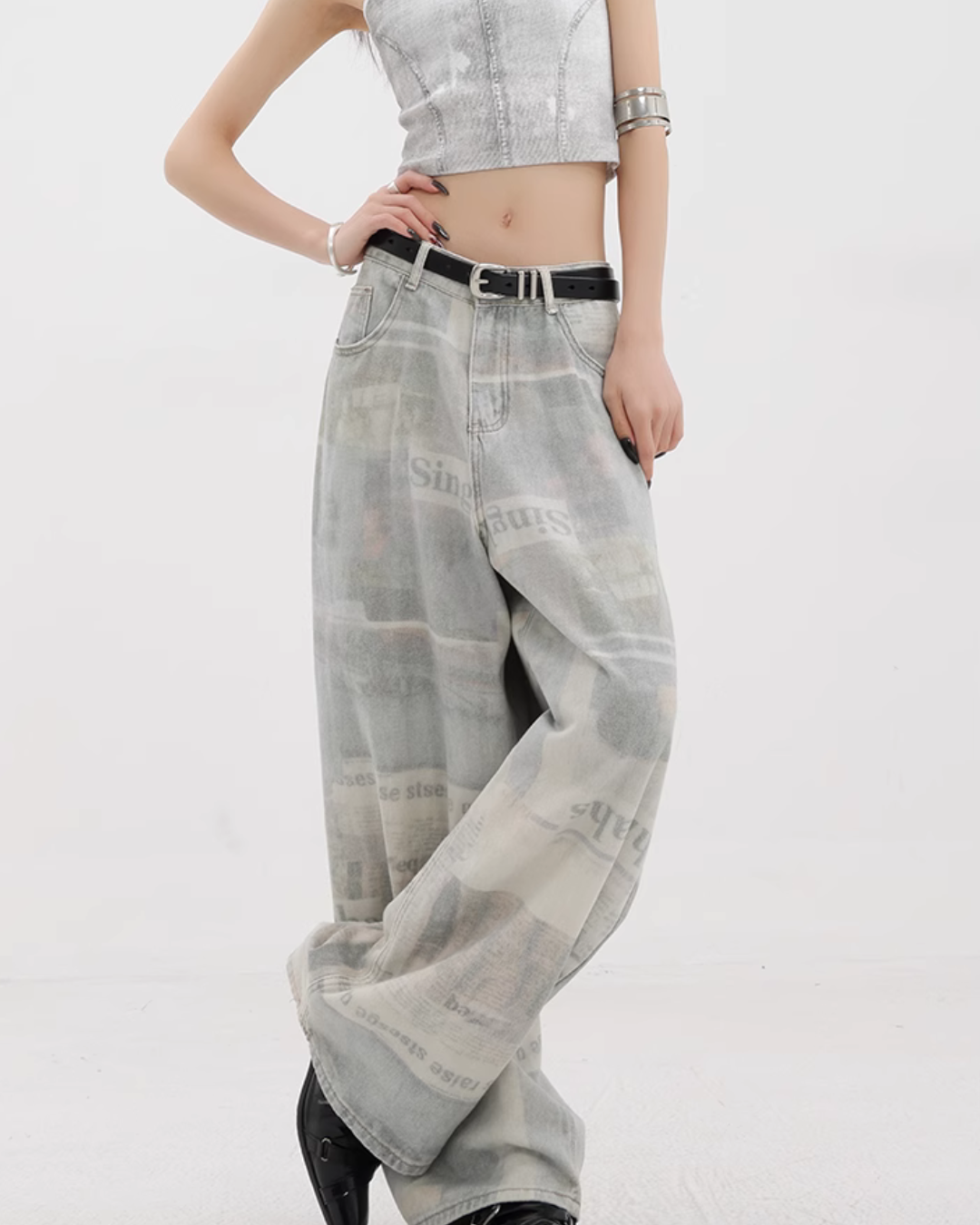 News Paper Print Wide Pants KNH0005