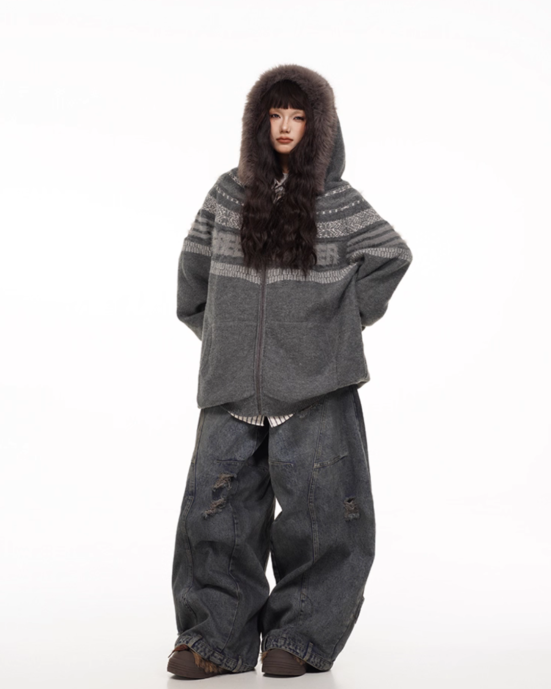 Fur Hood Retro Knit Cardigan FEC0002