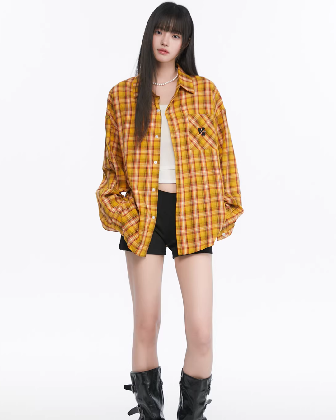 Paid Loose Long-Sleeve Shirt / Washed Straight Jeans KIP0009