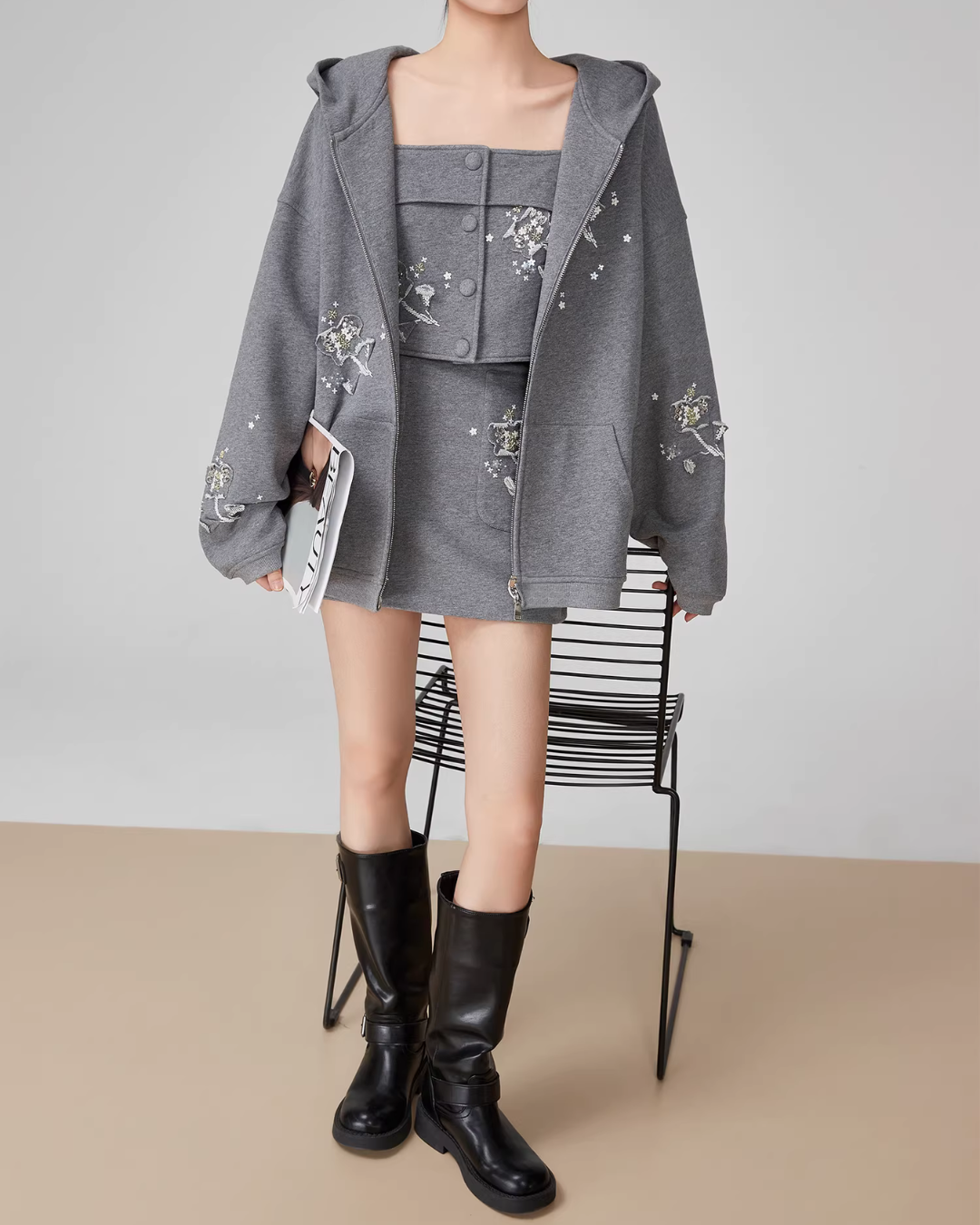 Flower Handmade Zip-Up Hoodie / Camisole / Mini Skirt FER0052