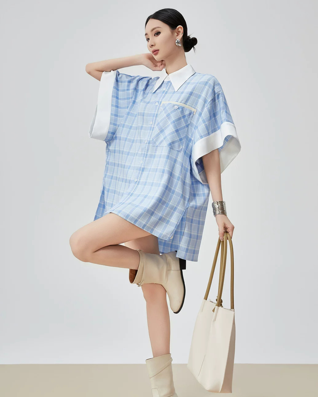 Plaid Patchwork Short-Sleeve Shirt FER0178