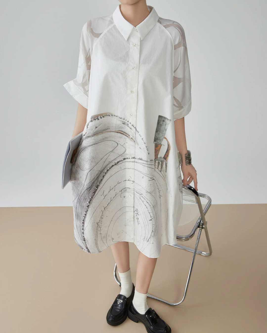 Hand-Drawn Art Print Shirt Dress FER0179