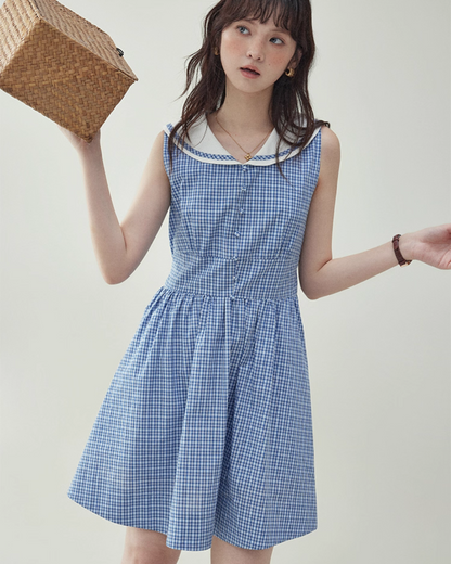 Blue Plaid Sleeveless Collar Dress AMU0031