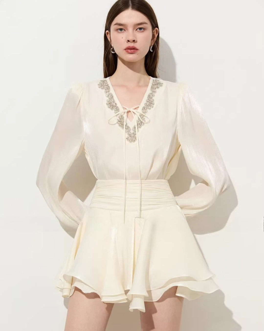 V-Neck Sparkly Sheer Top / Flared Mini Skirt DPY0079