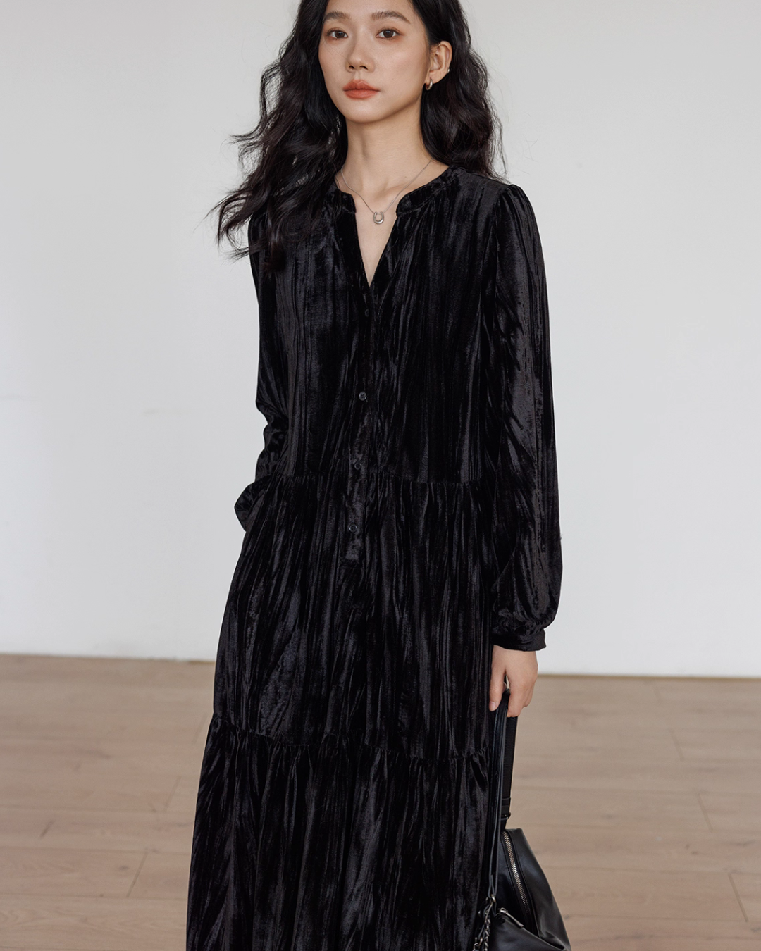 V-Neck Velvet Long Dress VAS0144