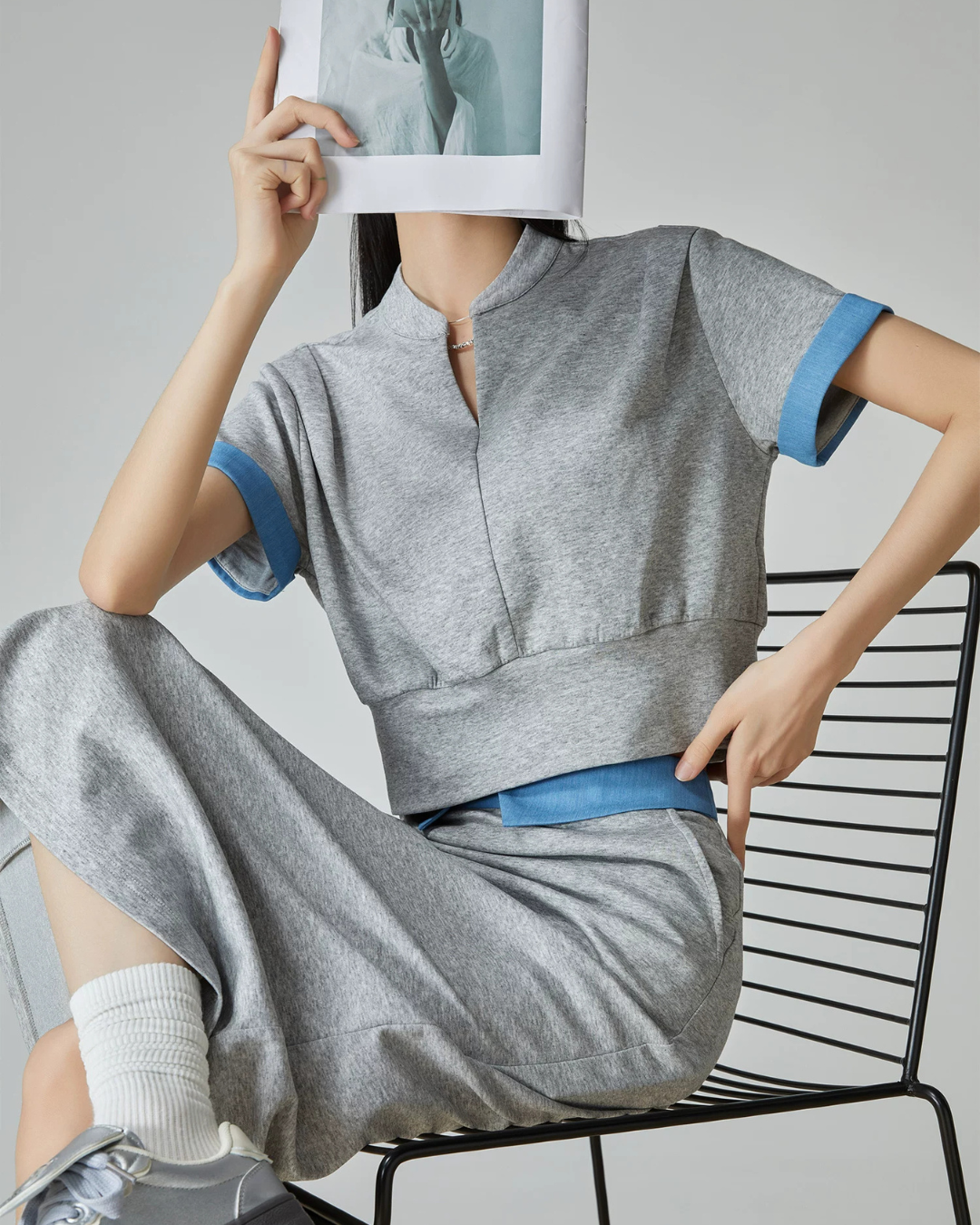 Blue Color-Block Ribbed Zip Top / Long Skirt FER0312