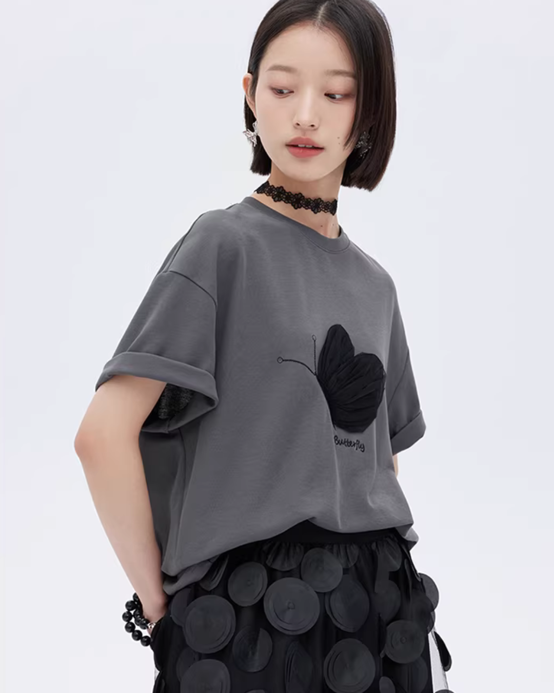 Butterfly Embroidery Short Sleeve T-Shirt SHN0012