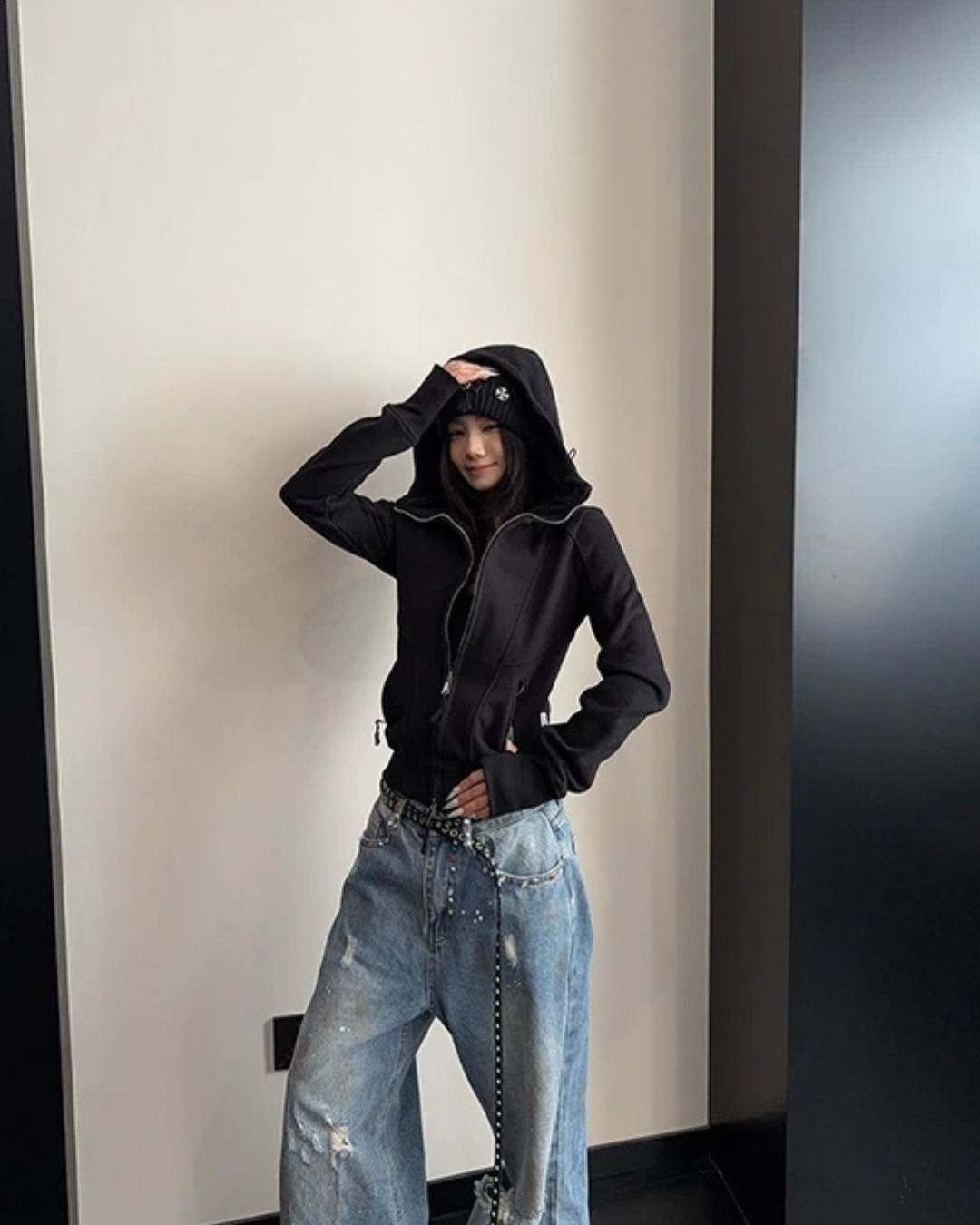High-Neck Hooded Zip-Up Hoodie YLS1057