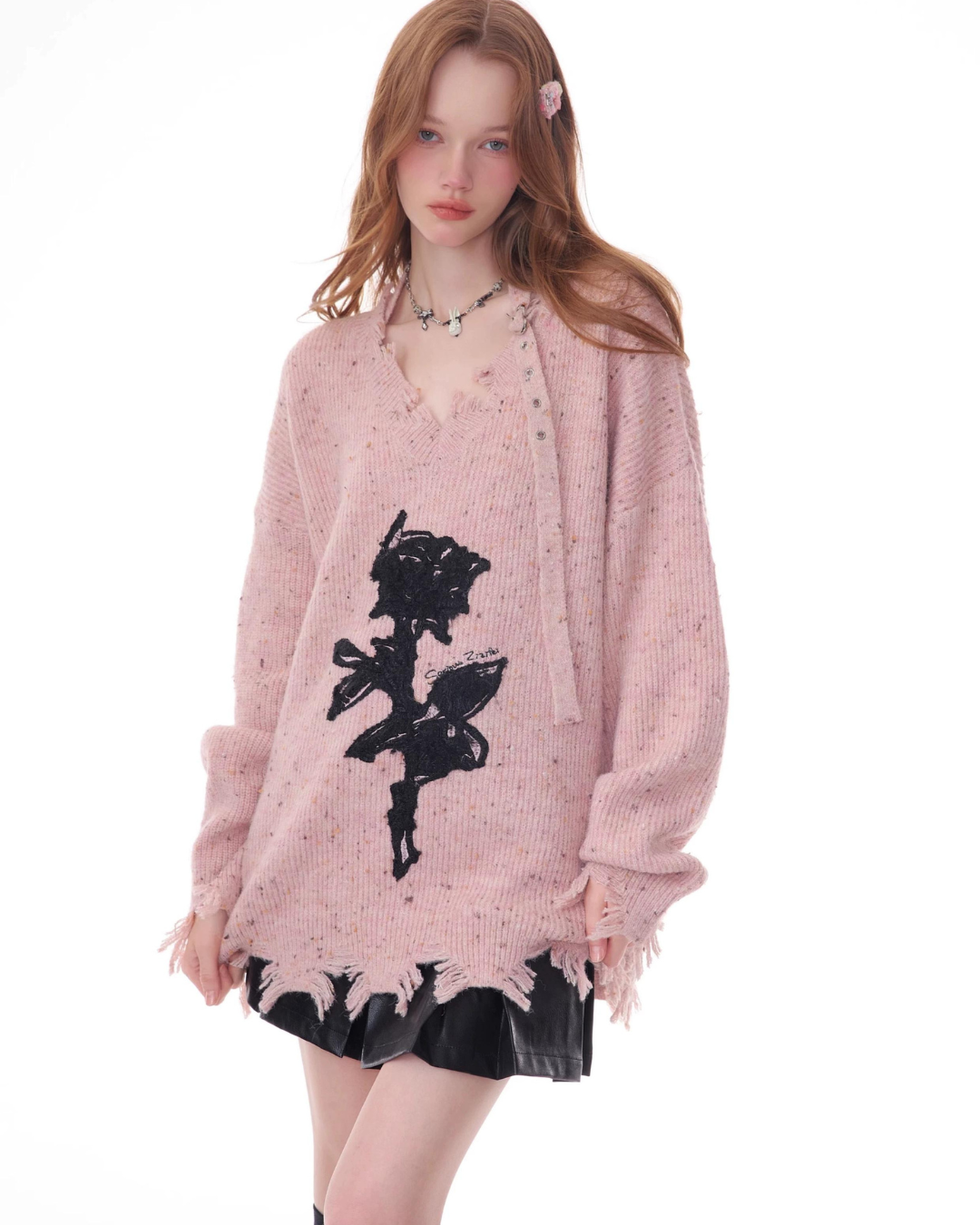 Front Rose Design Loose Knit ZZF0342