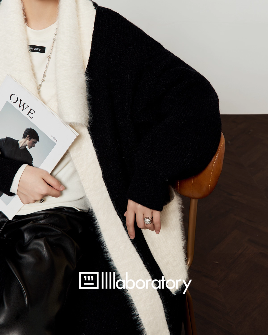 Two-Tone Long Cardigan / Leather Long Pants LLA0576