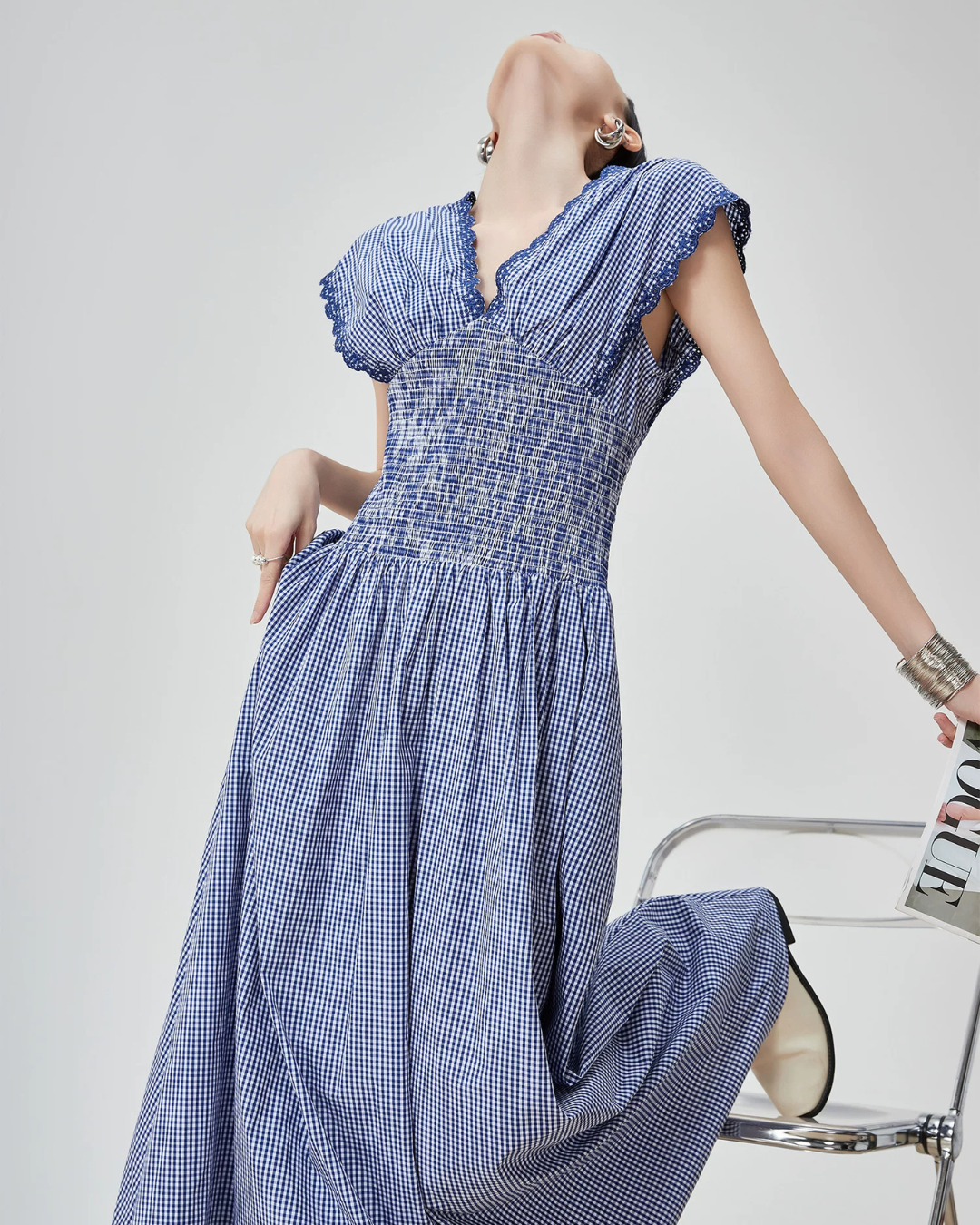 Gingham Check Shirring Long Dress FER0249
