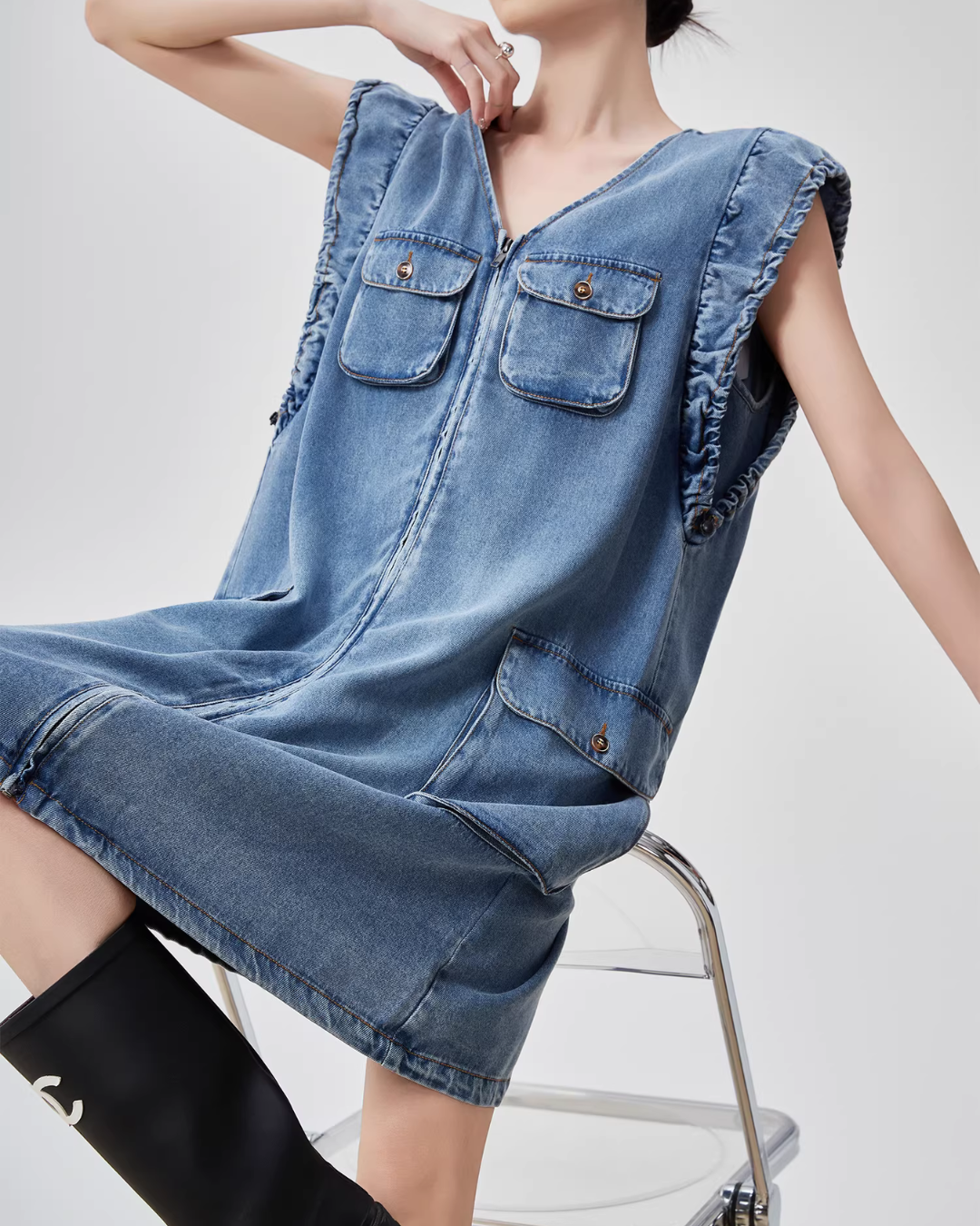 V-Neck Sleeveless Denim Dress FER0115