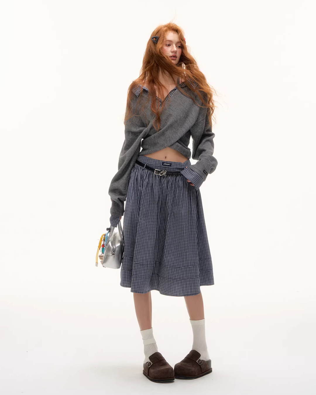 Front Wrap Knit Top/Gingham Check Skirt ASG0074