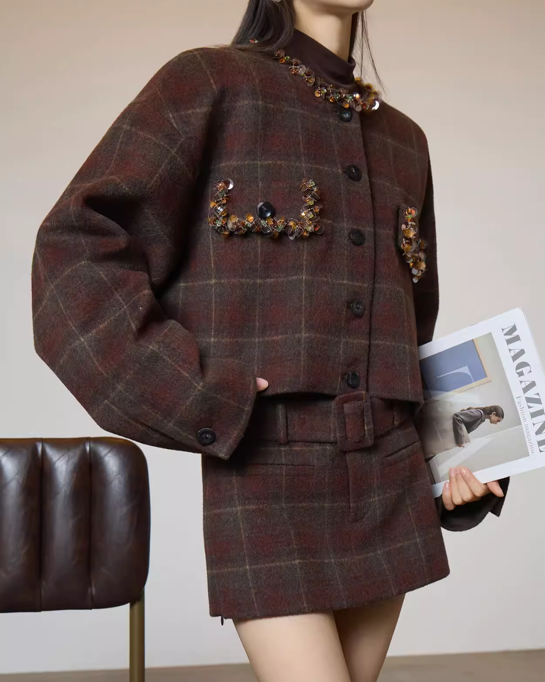Retro Plaid Collarless Jacket / Mini Skirt SUY0019