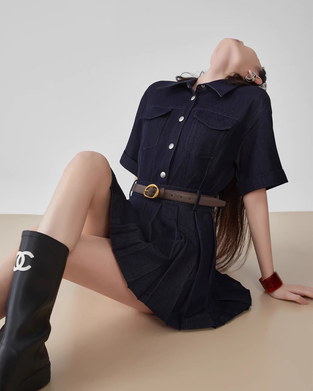 Ruffle Polo Collar Denim Dress FER0105