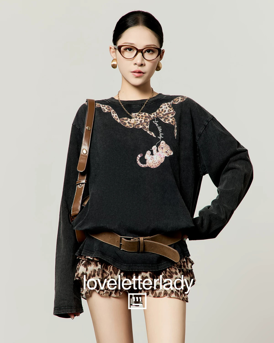 Leopard Print Cotton T-Shirt  / Leopard Frill Mini Shorts LLA0658