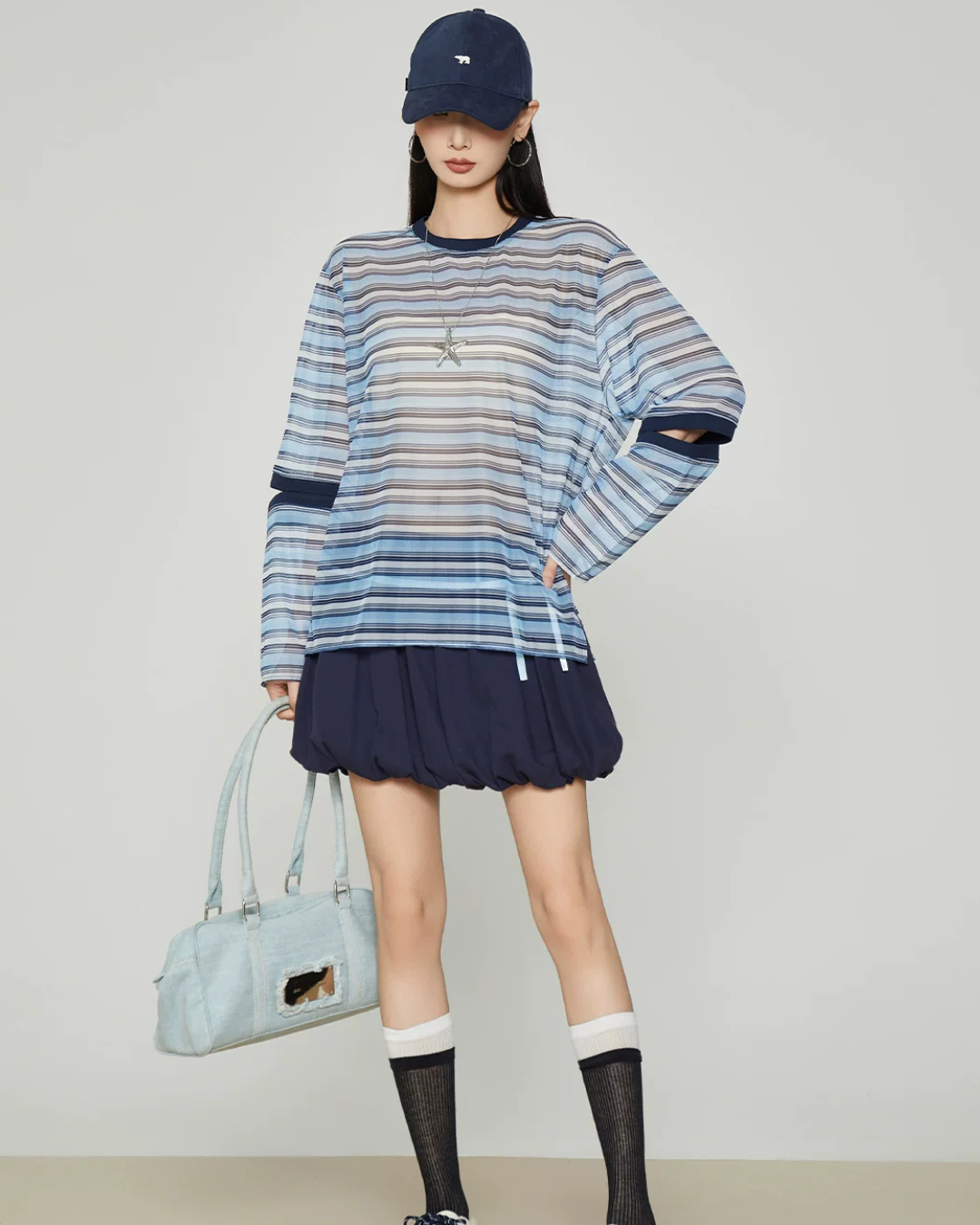 Striped Mesh Long-Sleeve T-Shirt FER0362