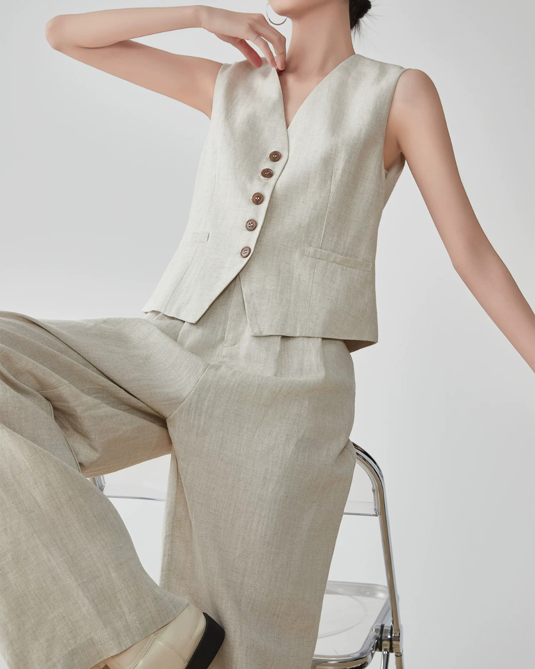 Linen V-Neck Vest / Wide Relaxed Pants FER0270