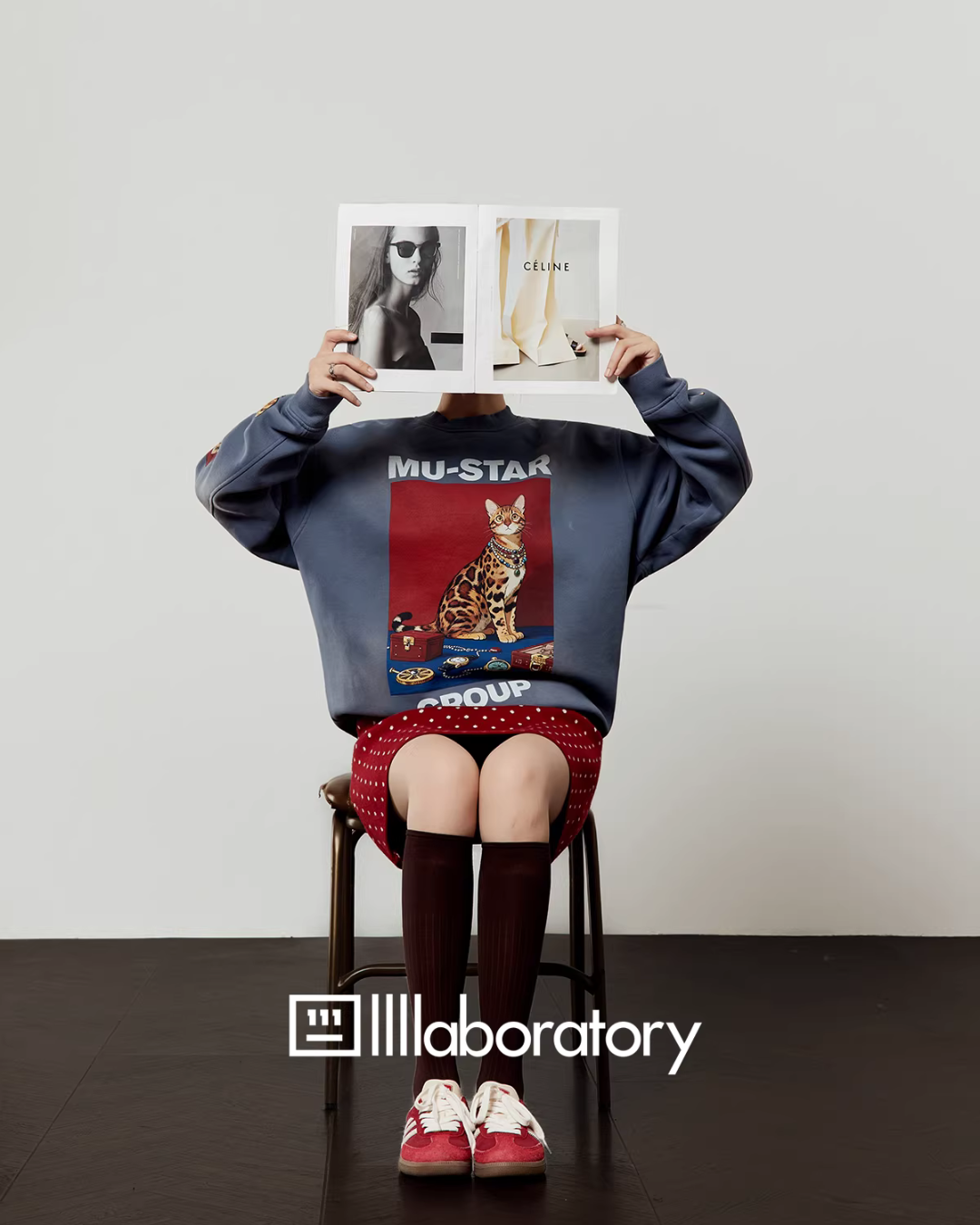 Cat Print Retro Sweatshirt/Retro Polka Dot Skirt LLA0607