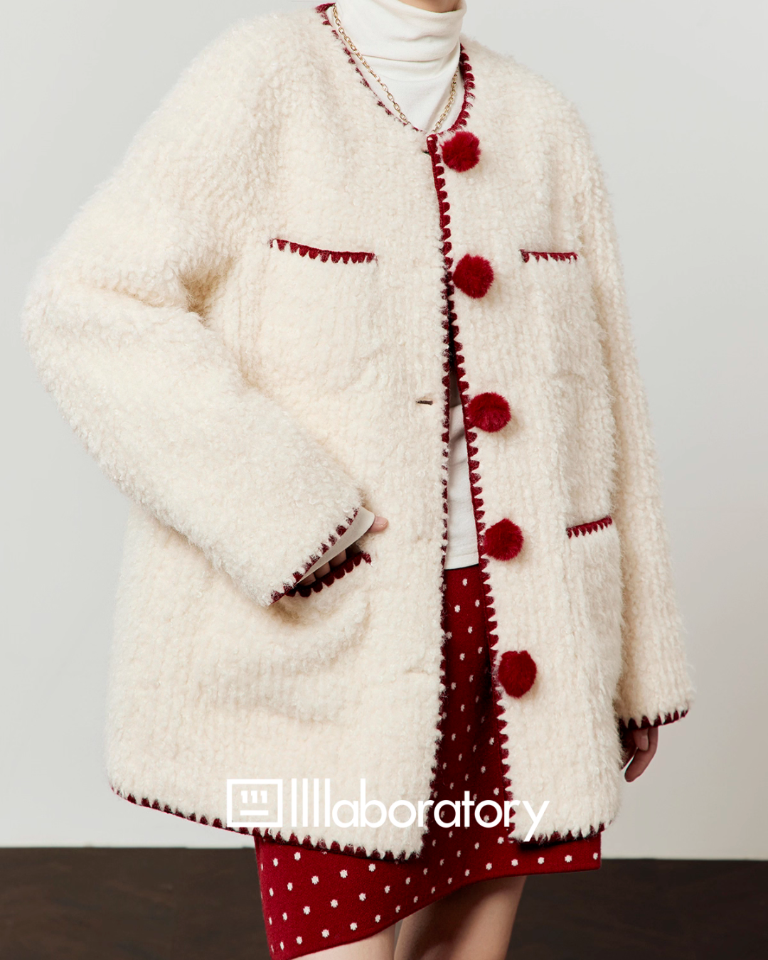 Red Pom-Pom Coat / Red Polka Dot Skirt LLA0575