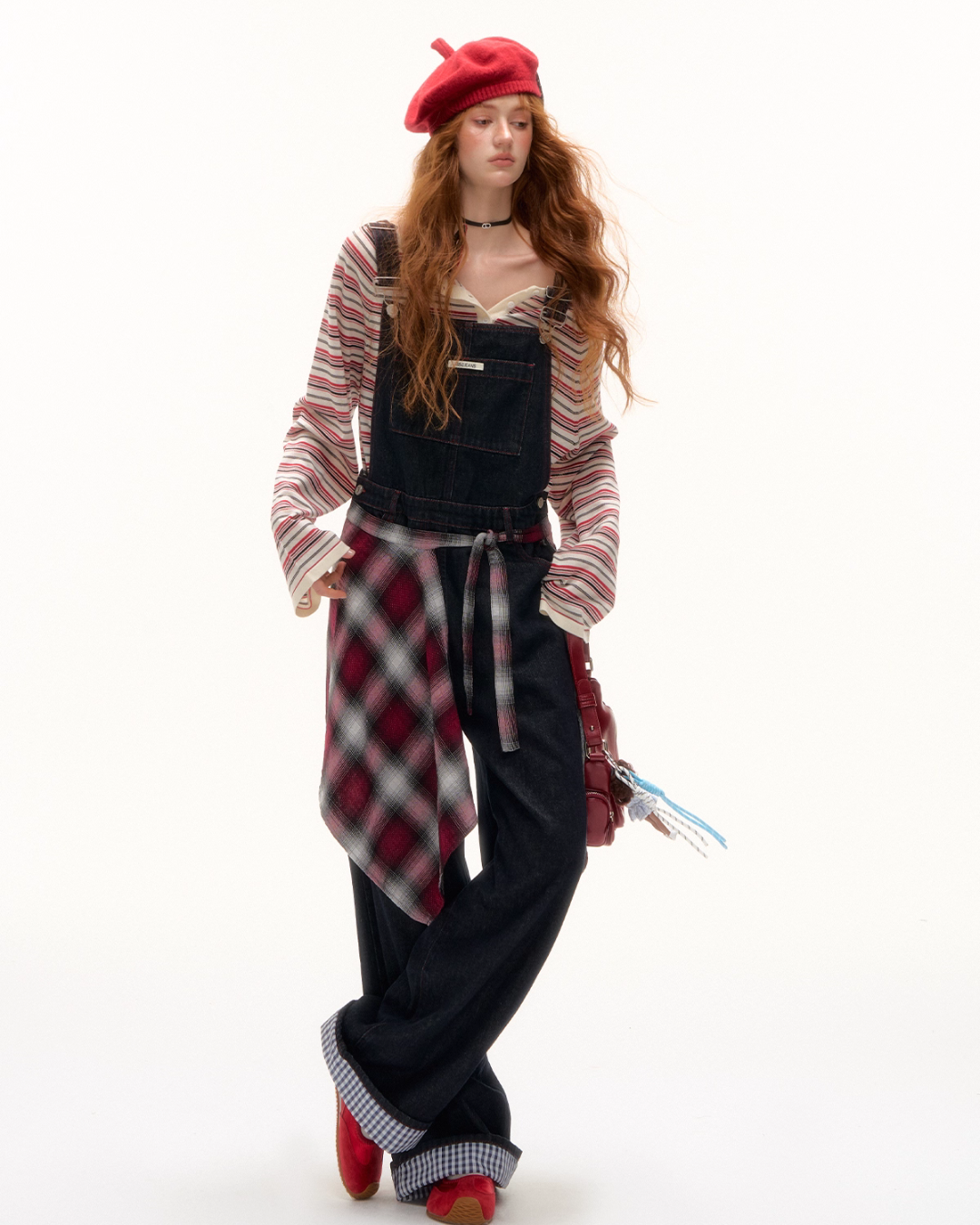 Half Button Border Top / Wide-Leg Denim Overalls ASG0053