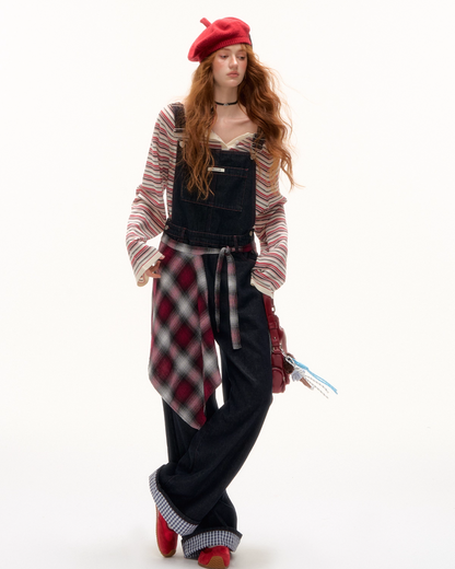 Half Button Border Top / Wide-Leg Denim Overalls ASG0053