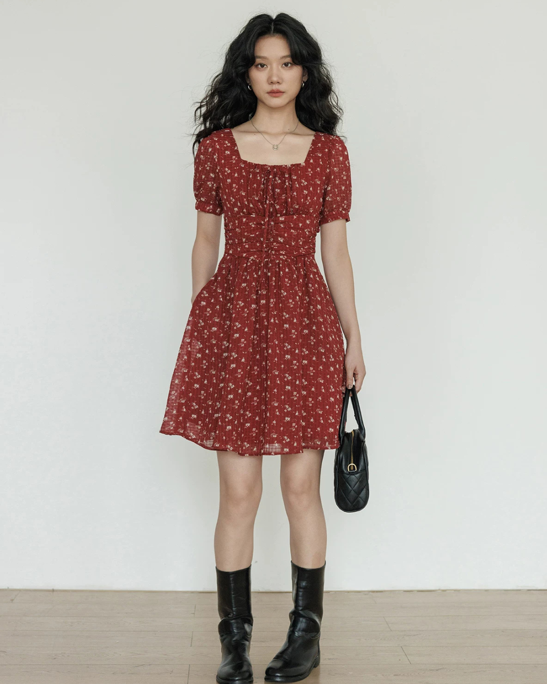 Square Neck Flower Mini Dress VAS0195
