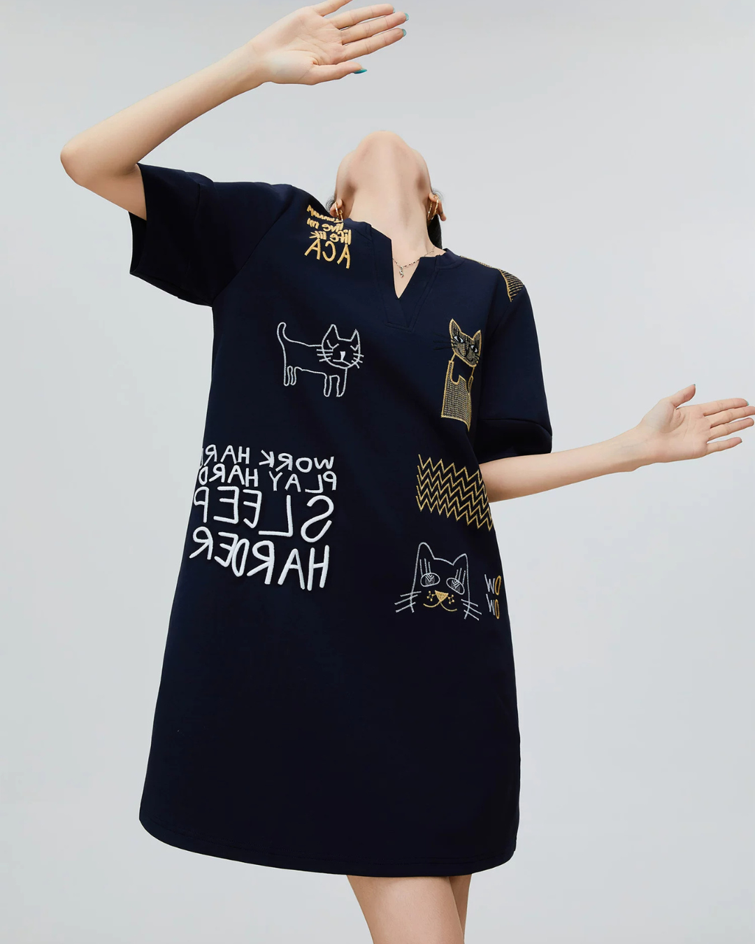 Cat Embroidery Key Neck Dress FER0221