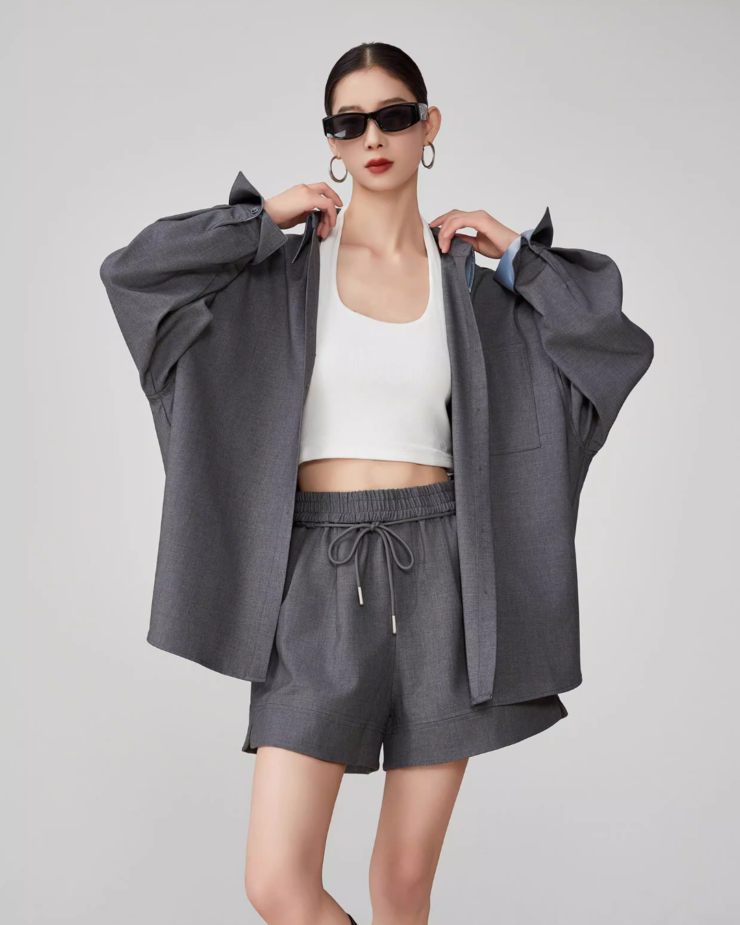 Gray Collared Long-Sleeve Shirt / Shorts FER0064