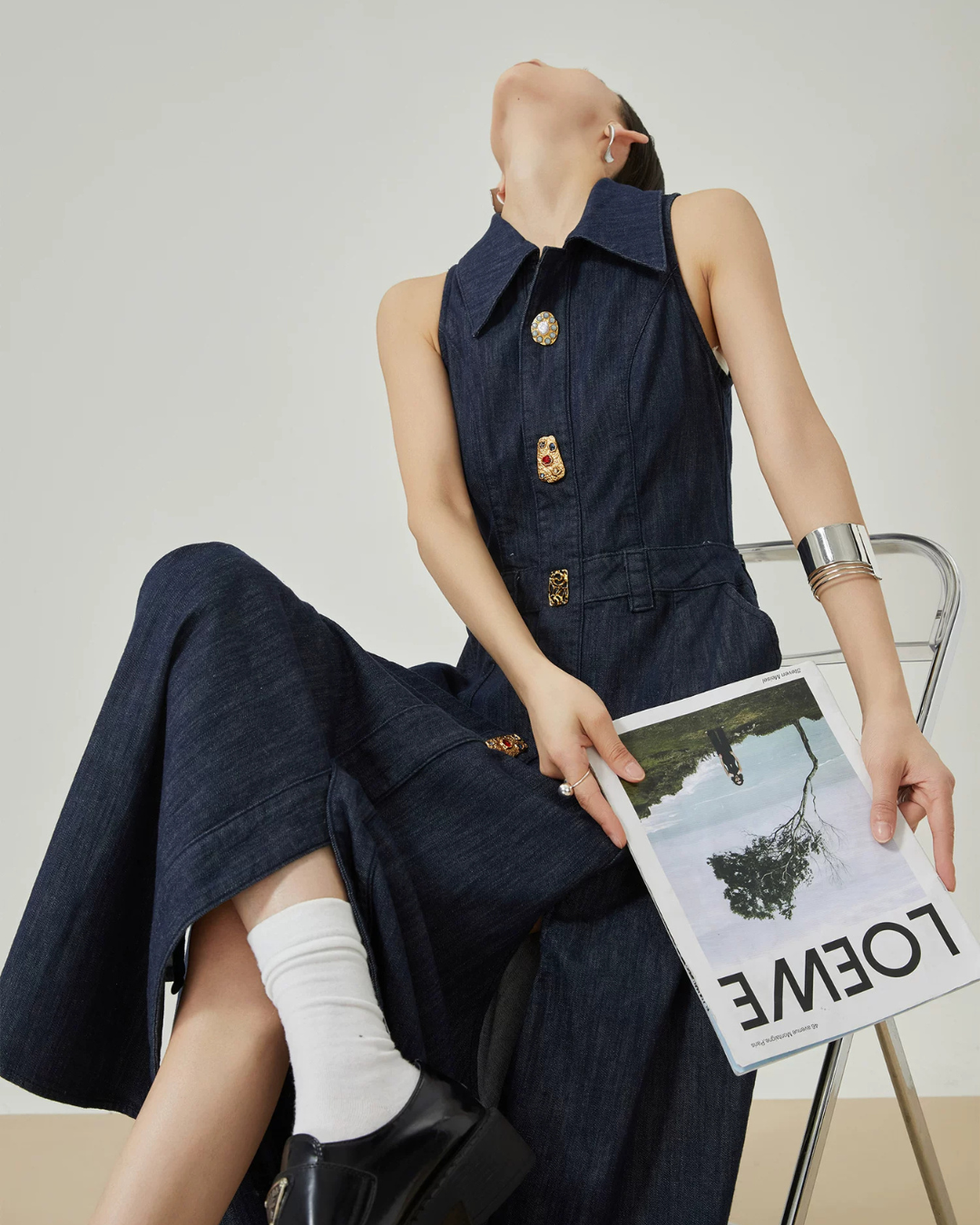 Gold Button Denim Sleeveless Dress FER0132