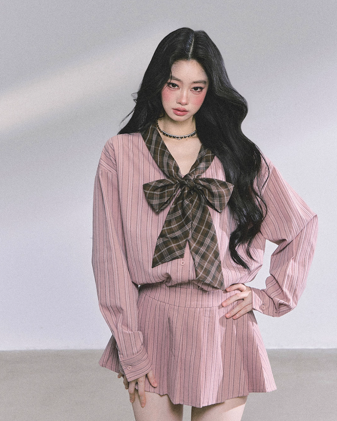 French Stripe Long-Sleeve Shirt Dress LAS0038