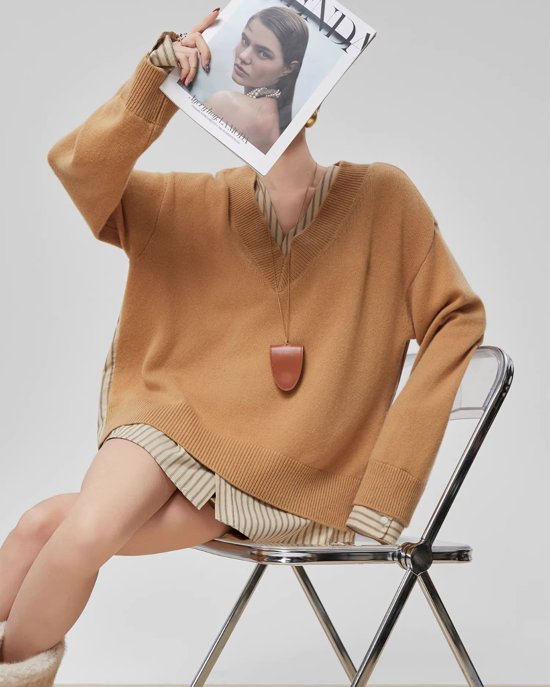 V-Neck Long Sleeve Knit Docking Shirt FER0037
