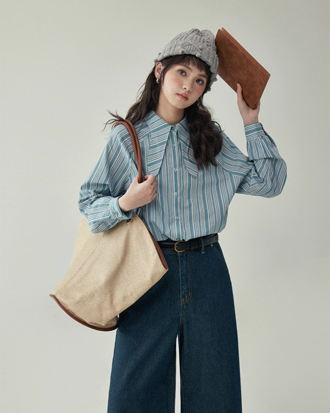 Blue Stripe Shirt / Wide Denim Pants / Corduroy Overall Skirt AMU0033