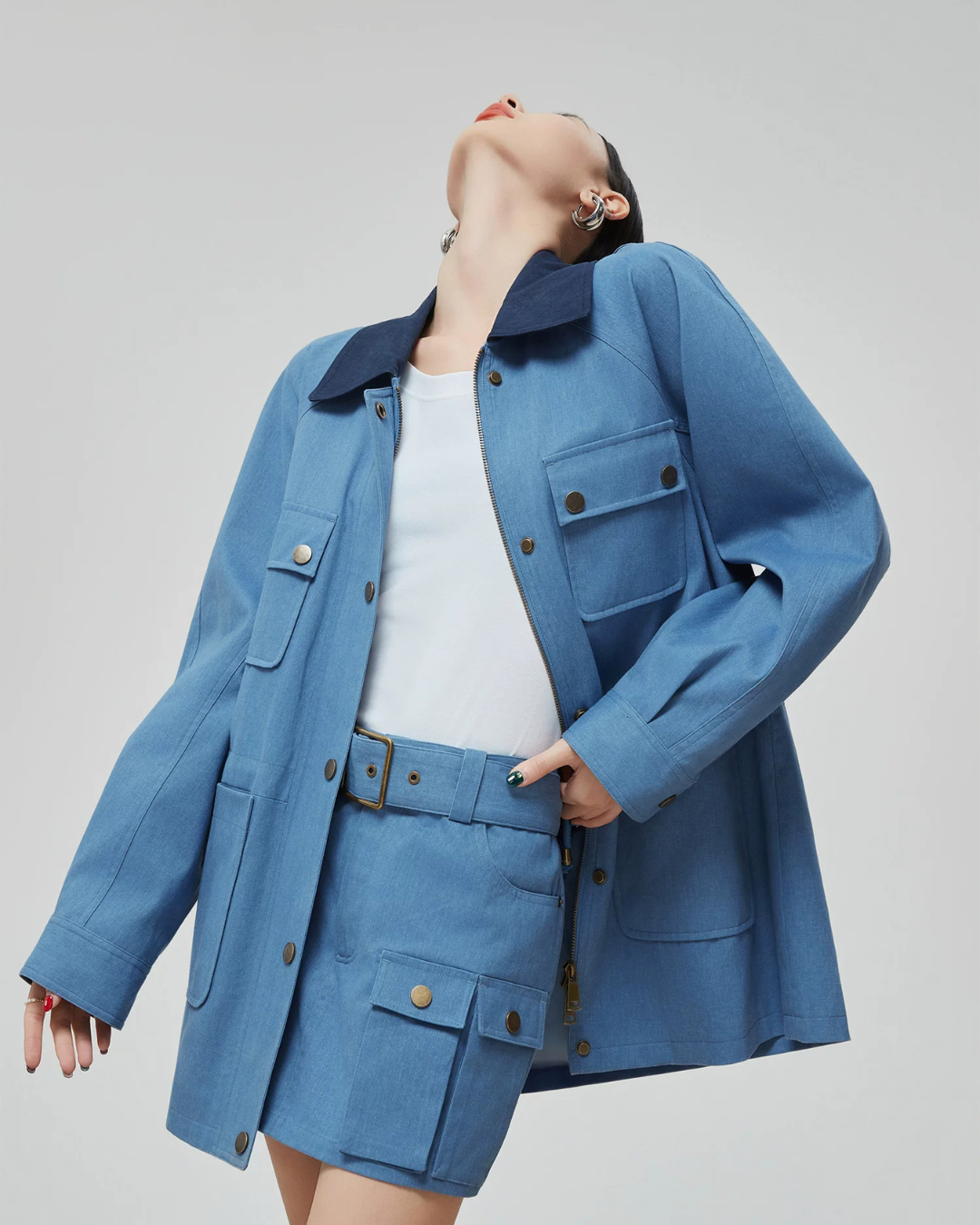Blue Turn Collar Jacket / Work Skirt FER0376
