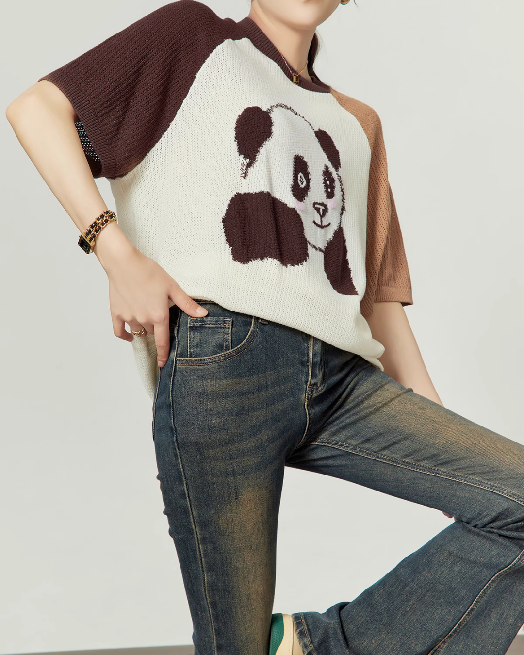 Panda Raglan Summer Knit / Denim Flare Pants LLA0211