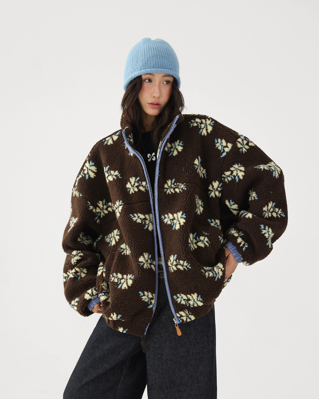 Floral Stand Collar Fleece Jacket ACS0325