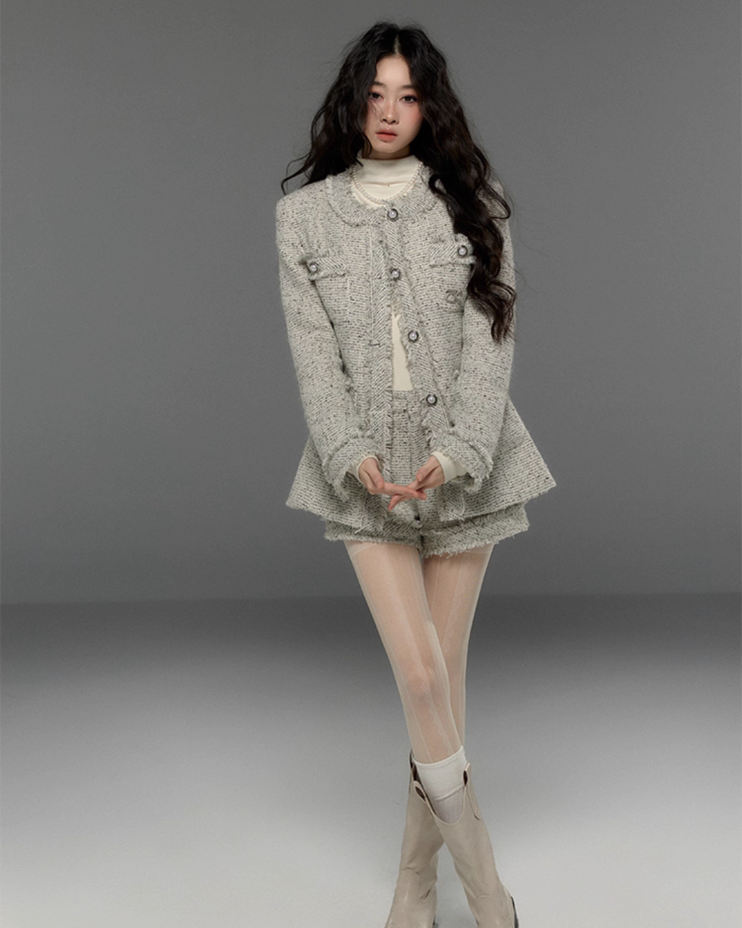 Tweed No-Collar Coat / Shorts / Knee Length Skirt TRK0006