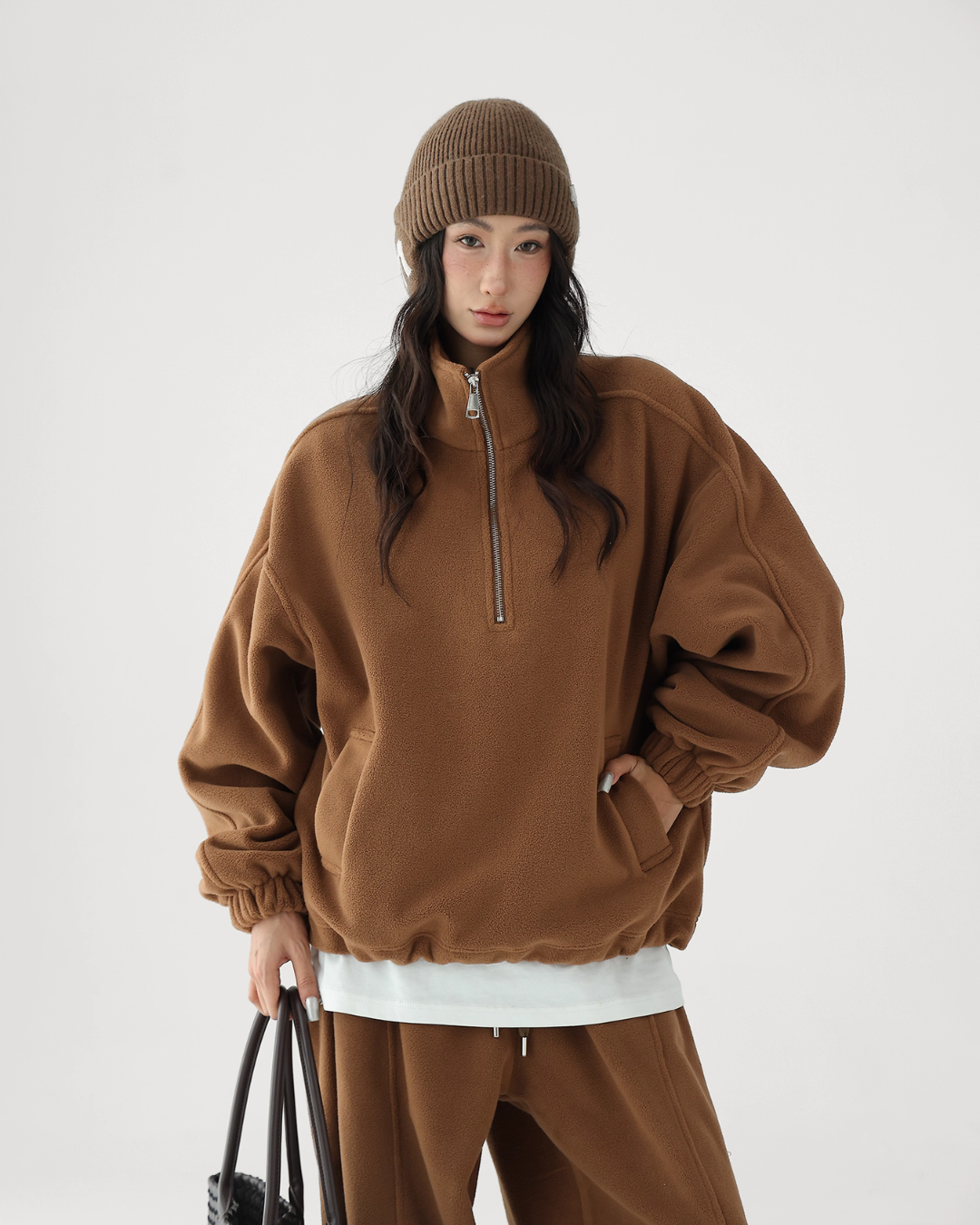 Half-Zip Stand Collar Fleece Top / Wide-Leg Sweatpants ACS0300