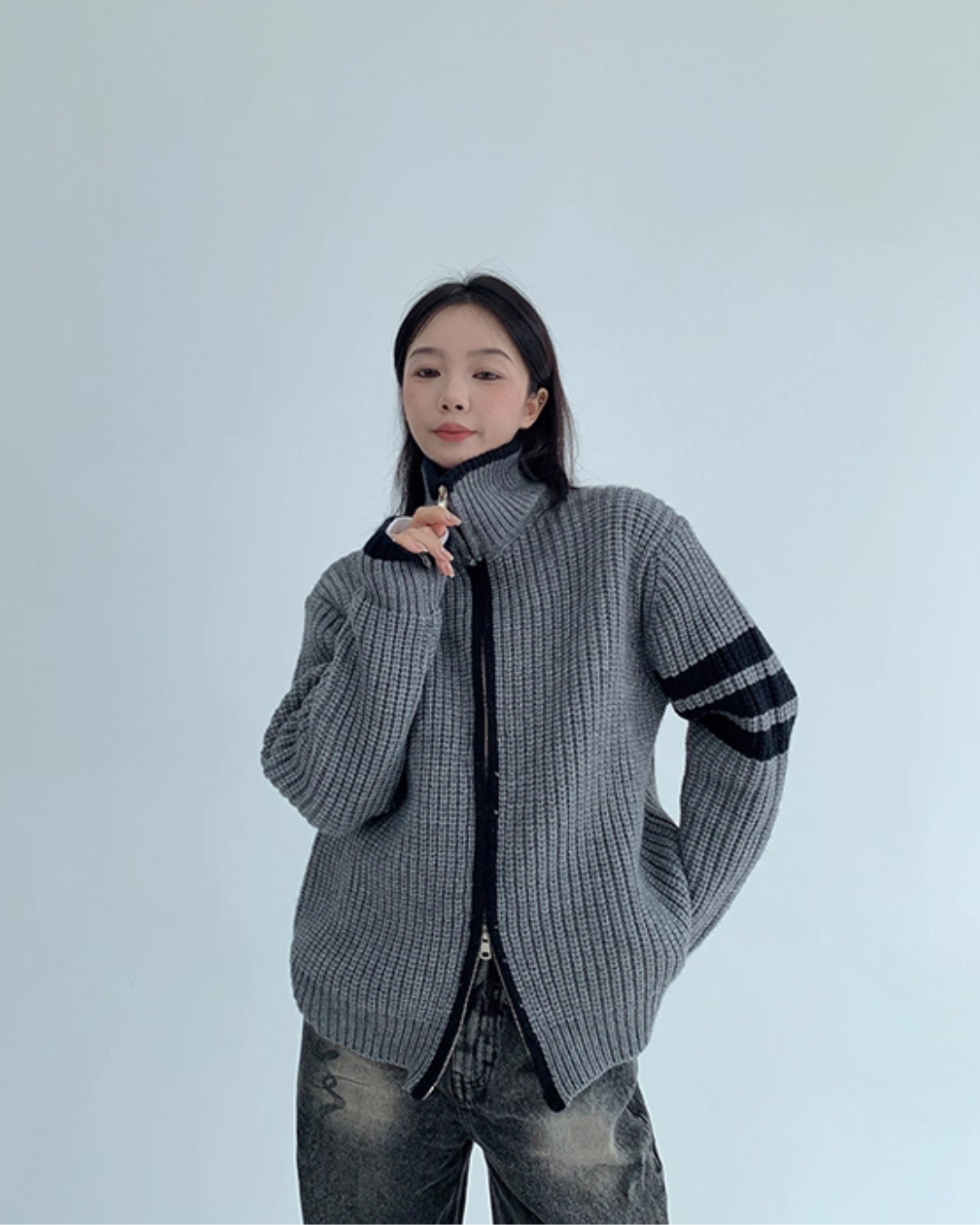 Stand Neck Double Zip Knit YLS0968