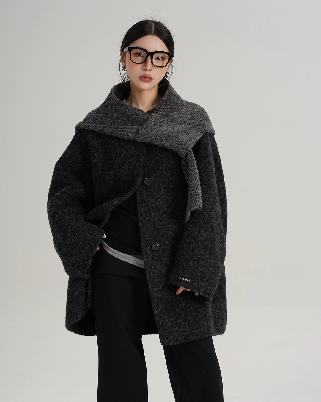 Hood Scarf Mid Length Wool Coat SRS0358