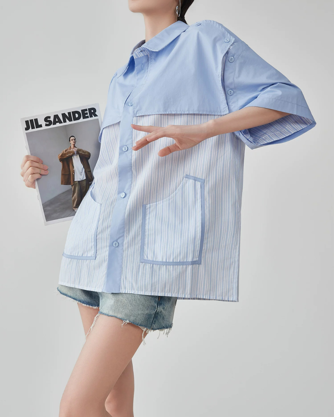 Blue Striped Patchwork Short-Sleeve Shirt FER0183