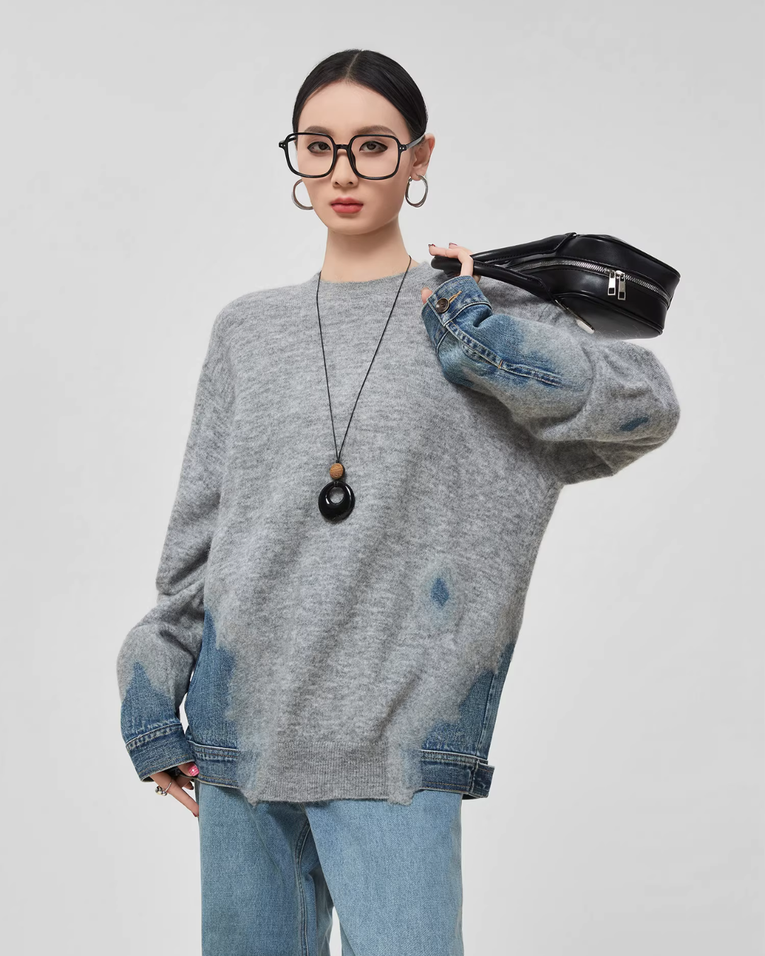 Denim Patchwork Crew Neck Top FER0056