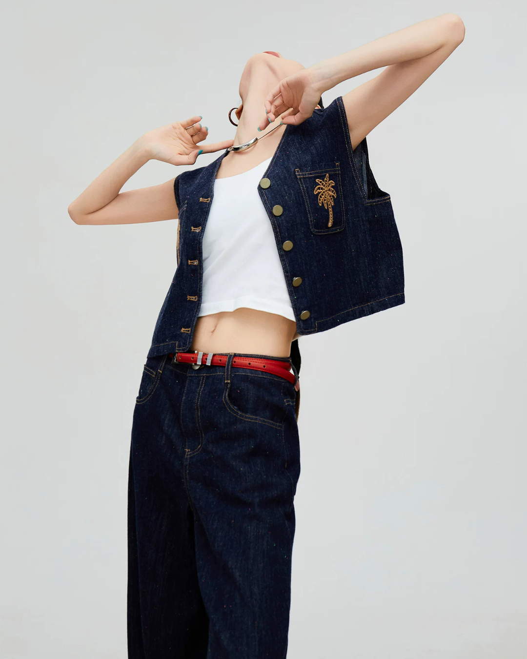 Palm Tree Embroidered Denim Vest / Wide Pants FER0303