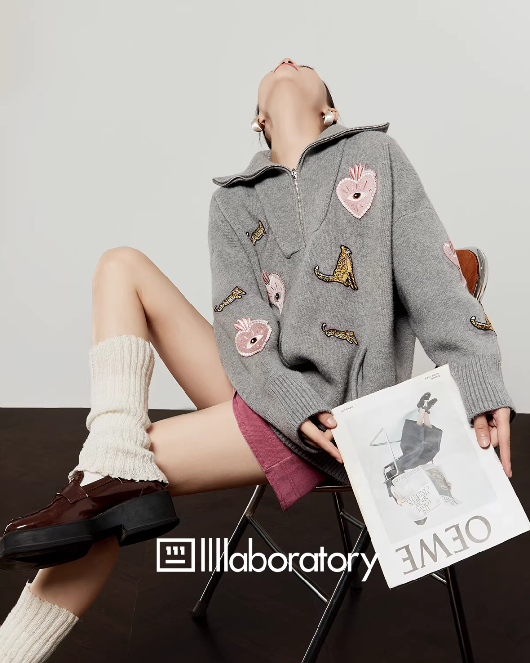 Polo Collar Embroidered Knit Cardigan / Pink Denim Skirt LLA0606