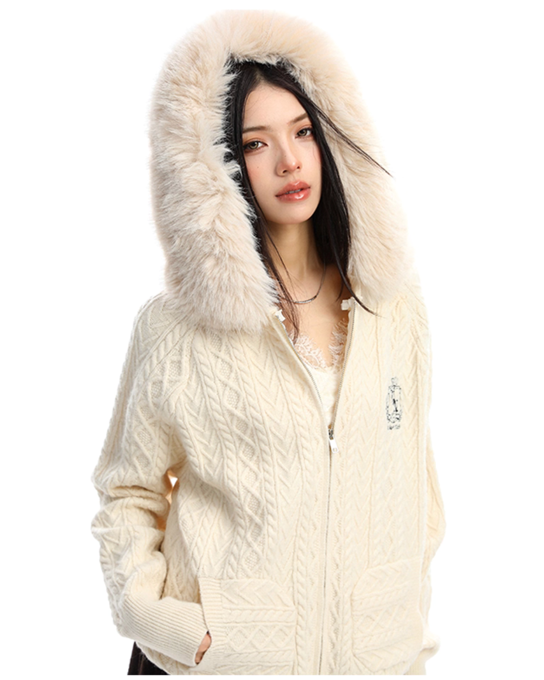 Fur Hood Cable Knit Top BGS0034